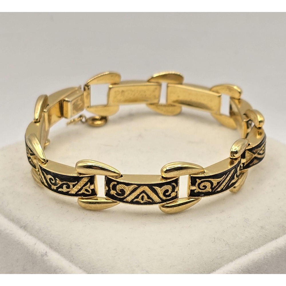 Vintage Spanish Damascene Link Bracelet - Black & Gold with Safety Chain - Picture 7 of 12